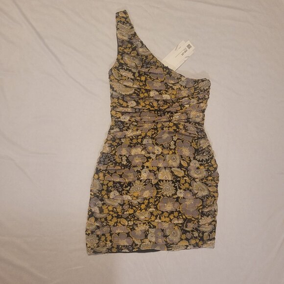 Zara Floral Ruched Asymmetric Floral Midi Dress with gold accents in size XS NWT - Picture 2 of 5